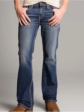 BKE Aiden Boot Stretch Jeans 28x34 Men's Classic Dark Wash Bootcut Jeans - Blue